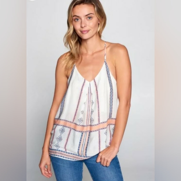 RENEE C BOHO BORDER PRINT V NECK RACERBACK TOP - Picture 1 of 6